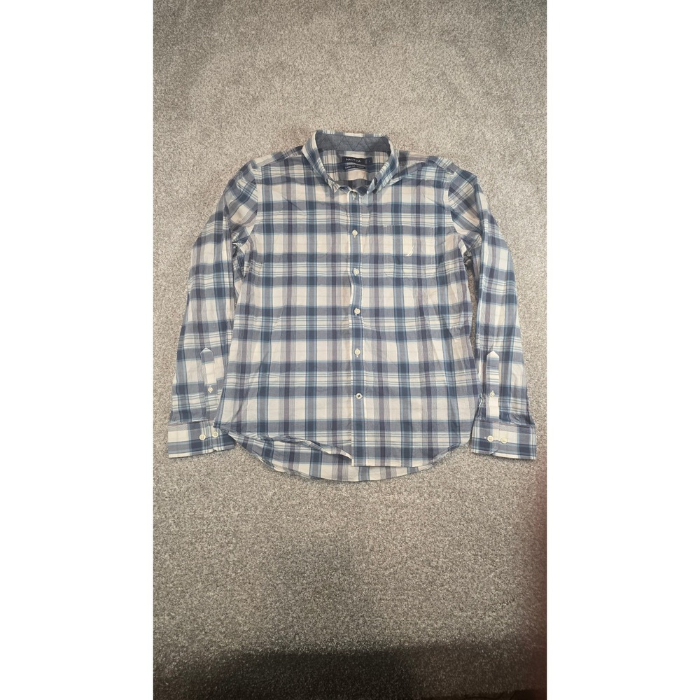 Nautica Mens Blue Plaid Classic Fit Stretch Long Sleeve Button Down Shirt Large